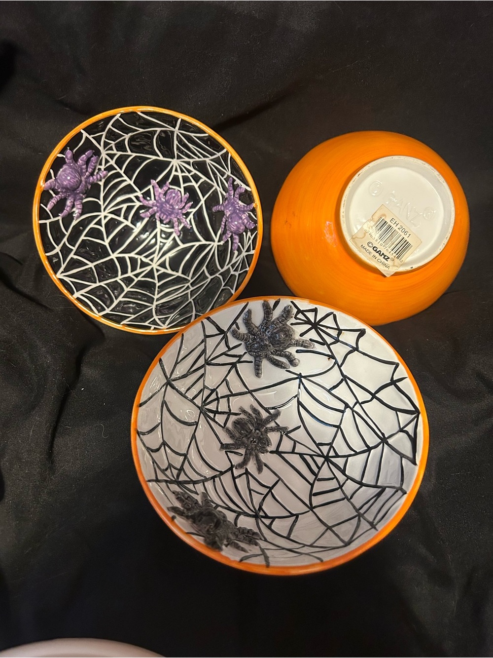Vintage Ganz 2001 Halloween Spider Web Ceramic Bowls Set of 3